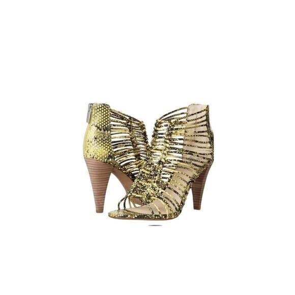 VINCE CAMUTO Alsandra Yellow Snakeskin Strappy Caged Heel Open Toe Sandals 8.5 - Picture 1 of 11